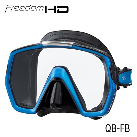 Blue and black diving mask with 'Freedom HD' branding on a white background